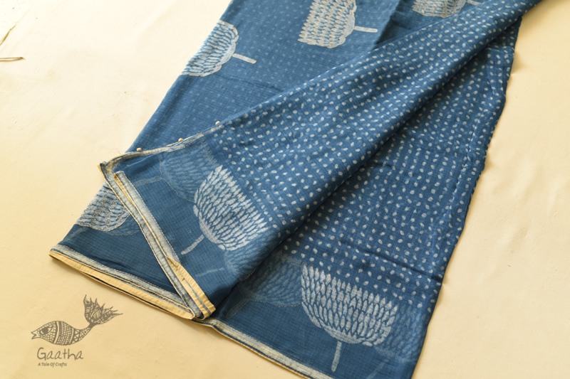 shop Block Printed Kota Cotton Embroidered Saree - Indigo Blue