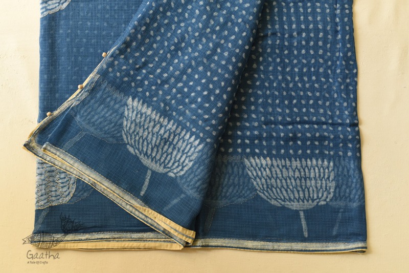 shop Block Printed Kota Cotton Embroidered Saree - Indigo Blue