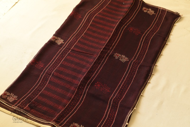 shop Block Printed Kota Cotton Embroidered Saree - Brown & Red