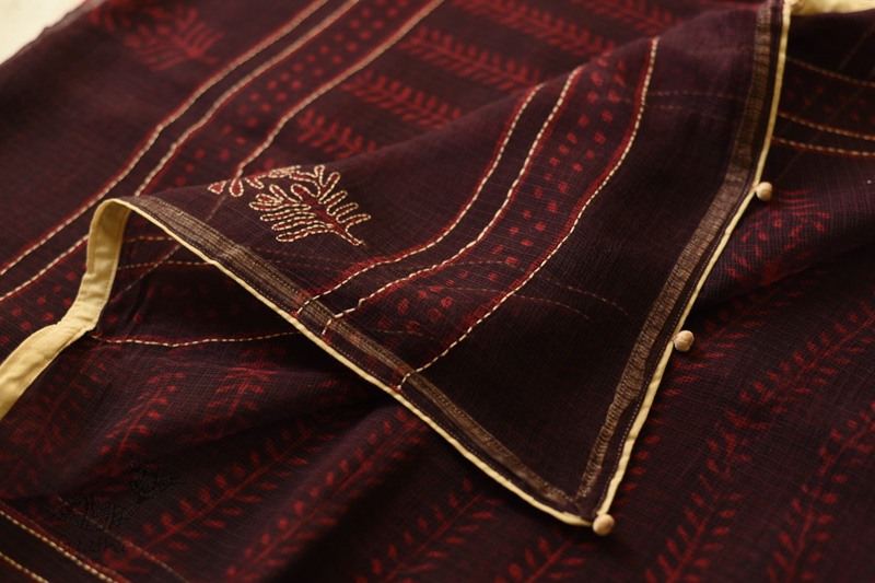 shop Block Printed Kota Cotton Embroidered Saree - Brown & Red