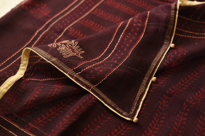 shop Block Printed Kota Cotton Embroidered Saree - Brown & Red