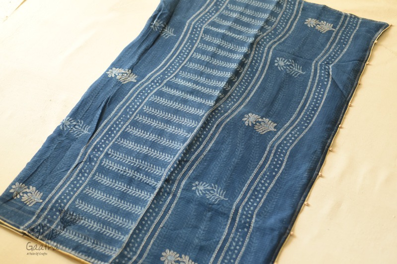 shop Block Printed Kota Cotton Embroidered Saree- Blue