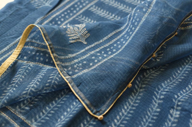 shop Block Printed Kota Cotton Embroidered Saree- Blue