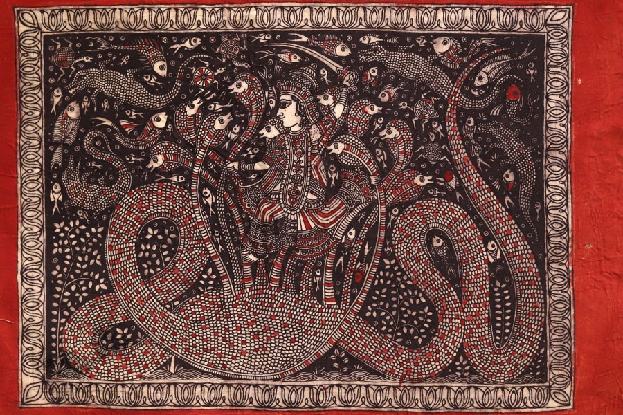 Sacred cloth of the Goddess - Krishna with Kalia ( 15 X 18 )