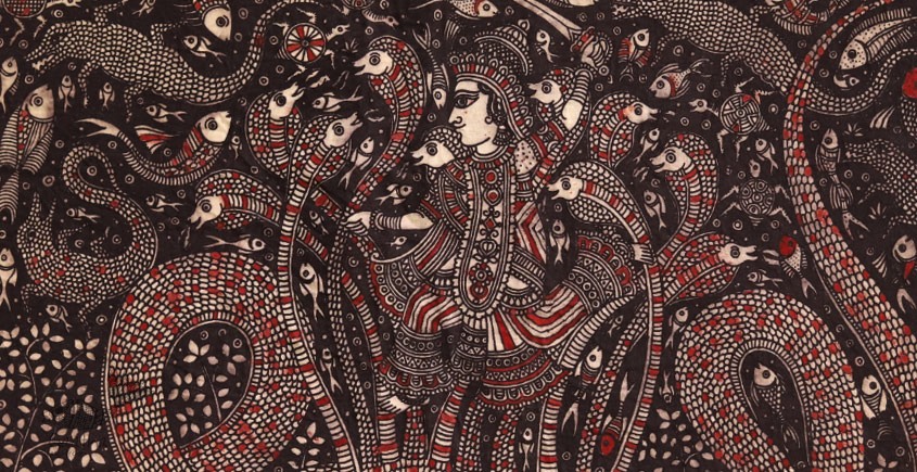 Sacred cloth of the Goddess - Krishna with Kalia ( 15 X 18 )