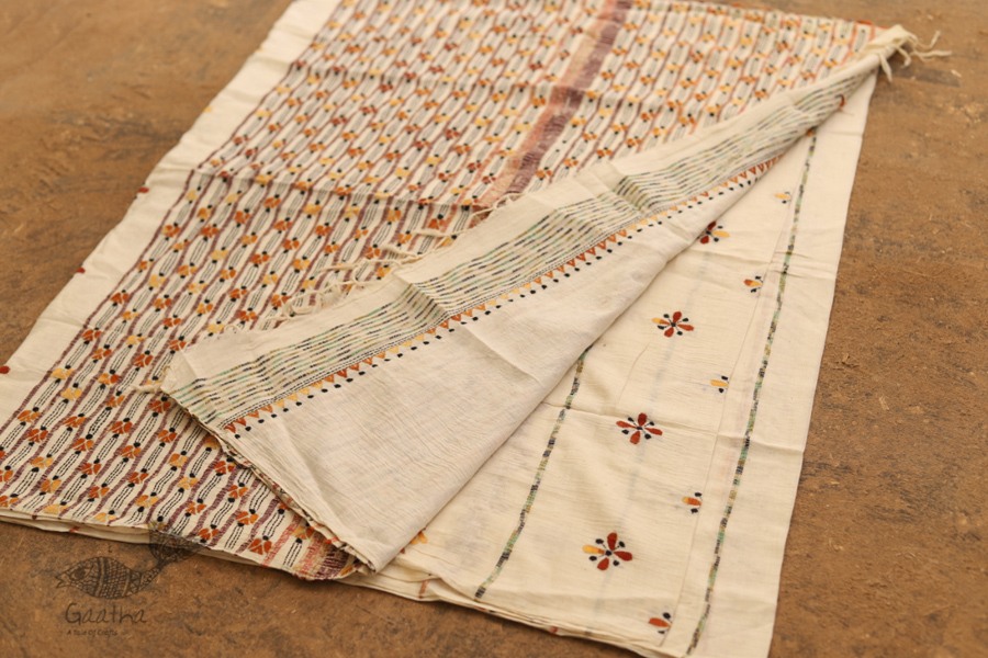 सूती ▦ Handloom Cotton Saree ~ Kantha work ~ 49
