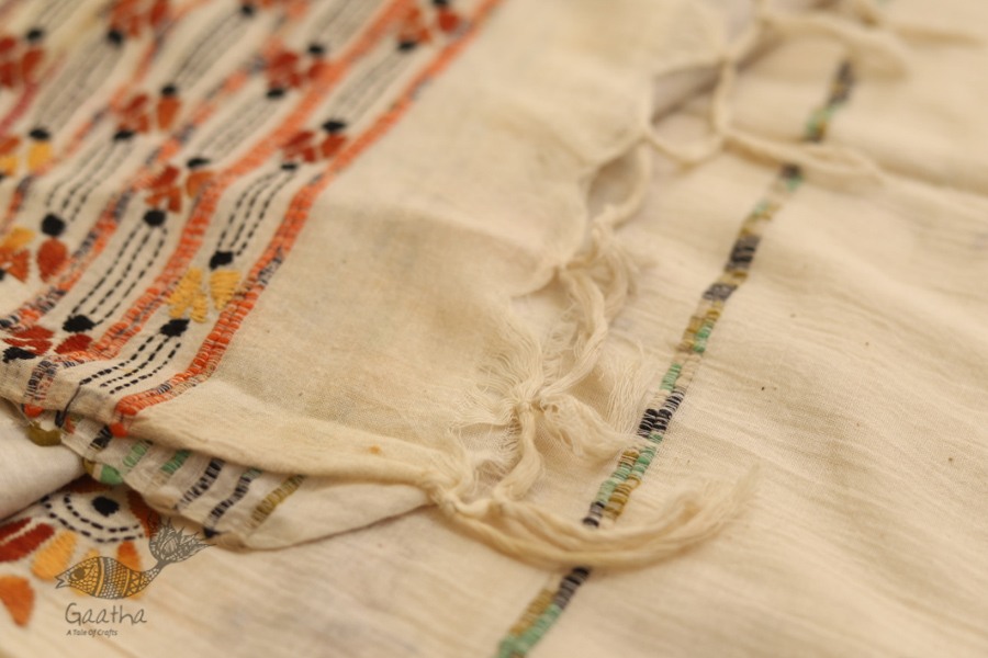 सूती ▦ Handloom Cotton Saree ~ Kantha work ~ 49