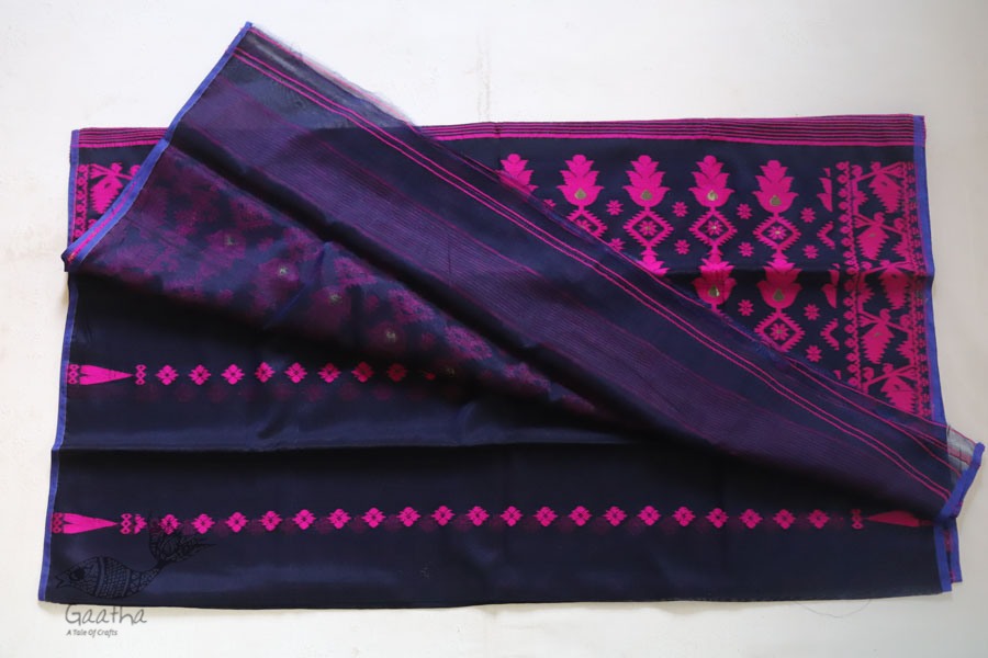  Jacquard Hand loom Dhakai Jamdani Navy Blue Saree