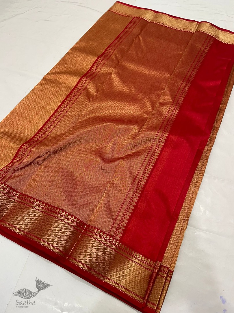 Handwoven Chanderi Silk Full Zari Saree - Red & Golden