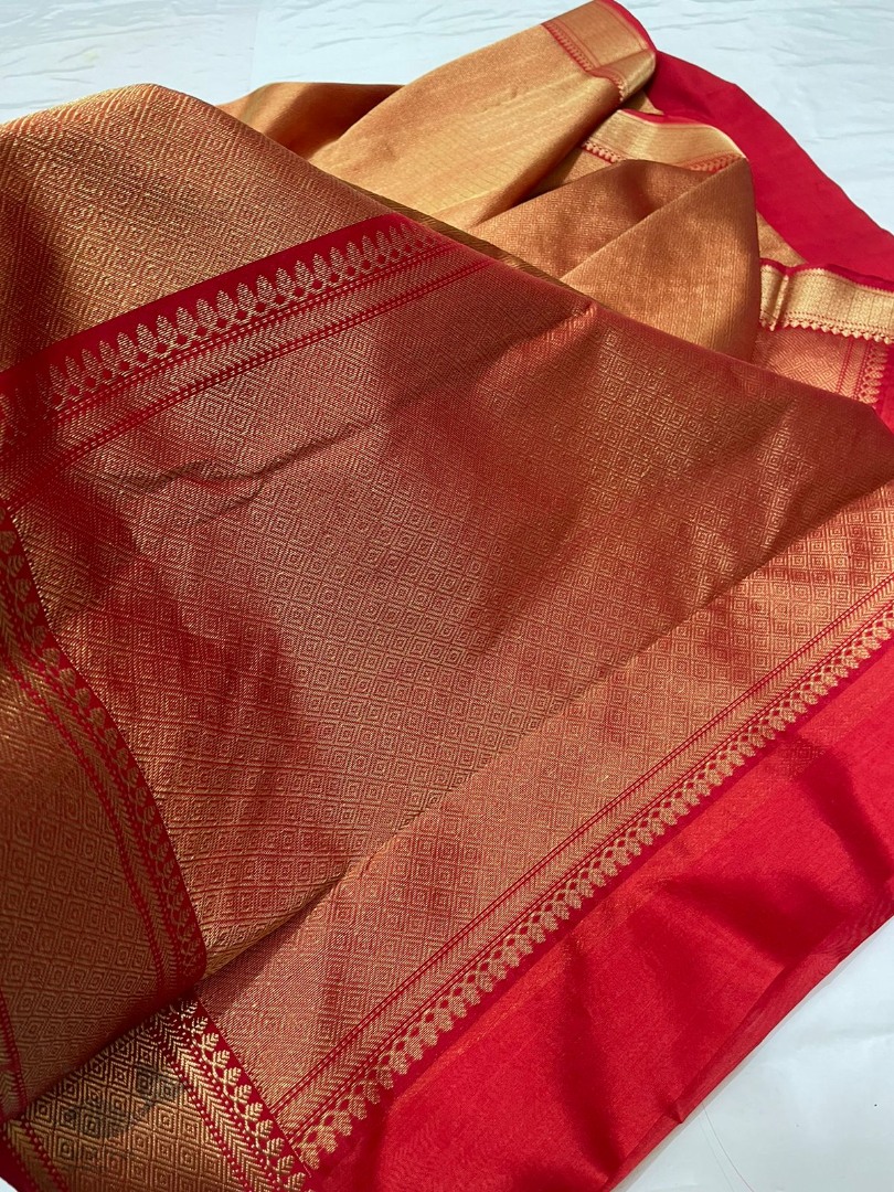 Handwoven Chanderi Silk Full Zari Saree - Red & Golden