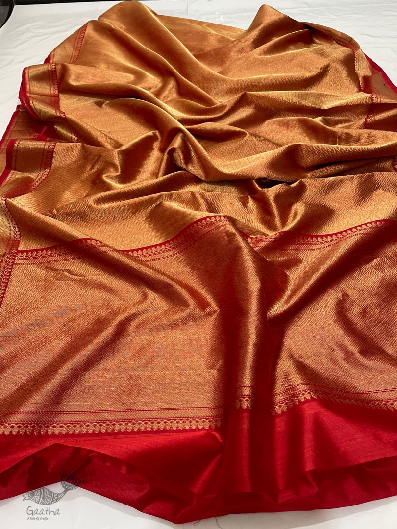 Handwoven Chanderi Silk Full Zari Saree - Red & Golden