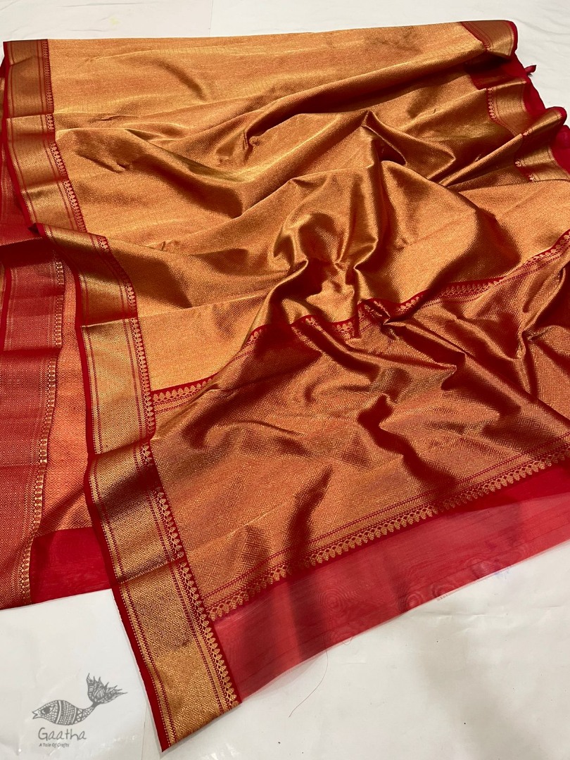 Handwoven Chanderi Silk Full Zari Saree - Red & Golden