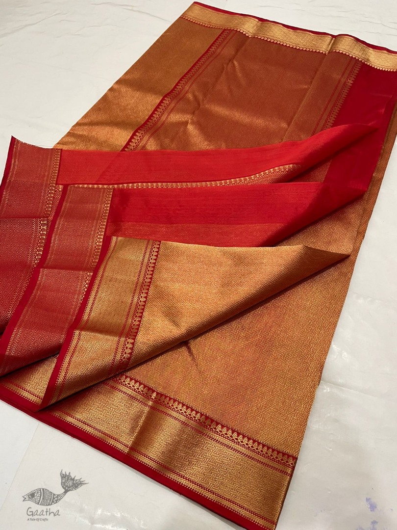 Handwoven Chanderi Silk Full Zari Saree - Red & Golden