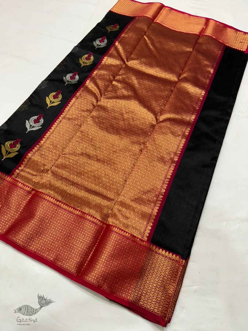 online Handwoven Chanderi Silk Black Saree With Red Border