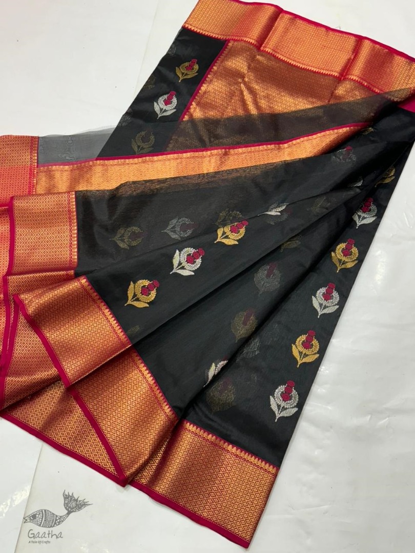 online Handwoven Chanderi Silk Black Saree With Red Border