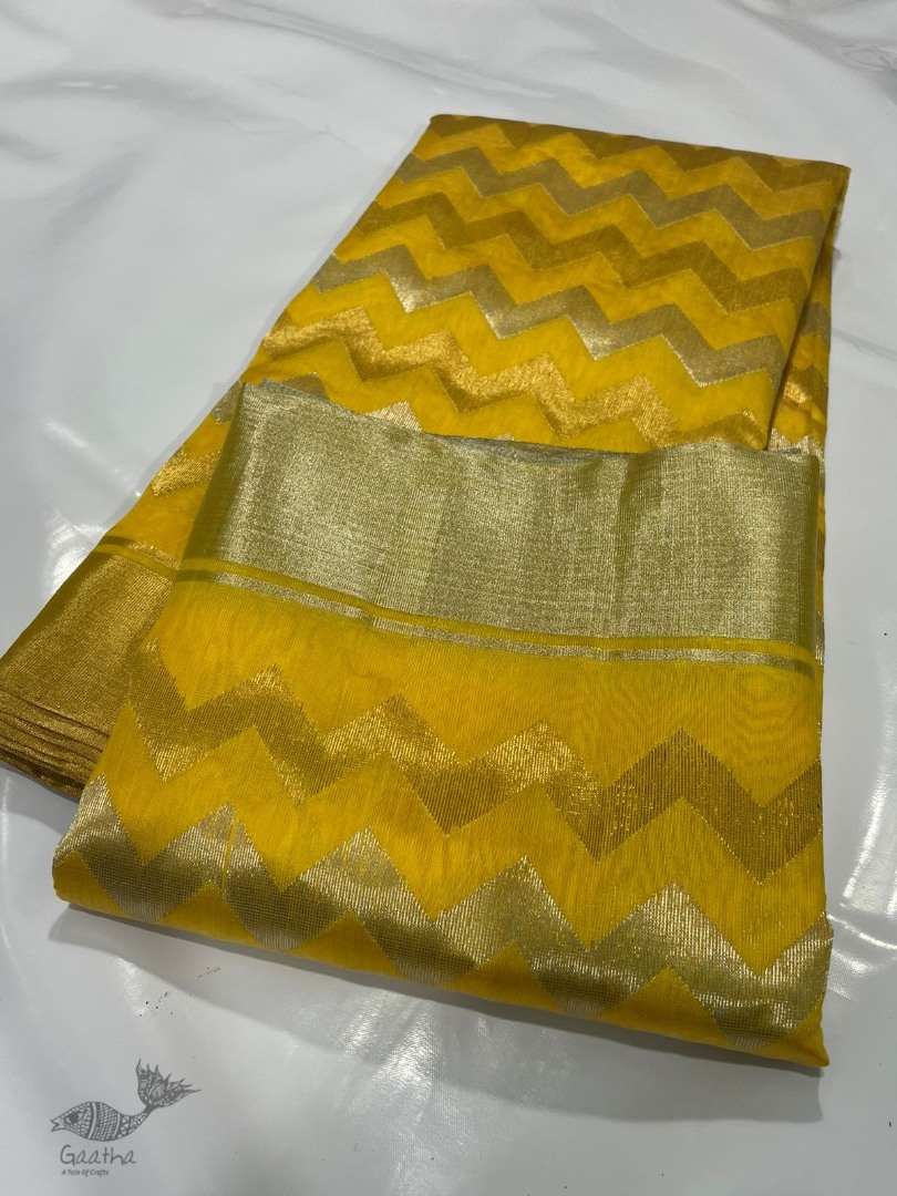 online Handwoven Chanderi Silk Saree - Yellow Zari Zik Zak