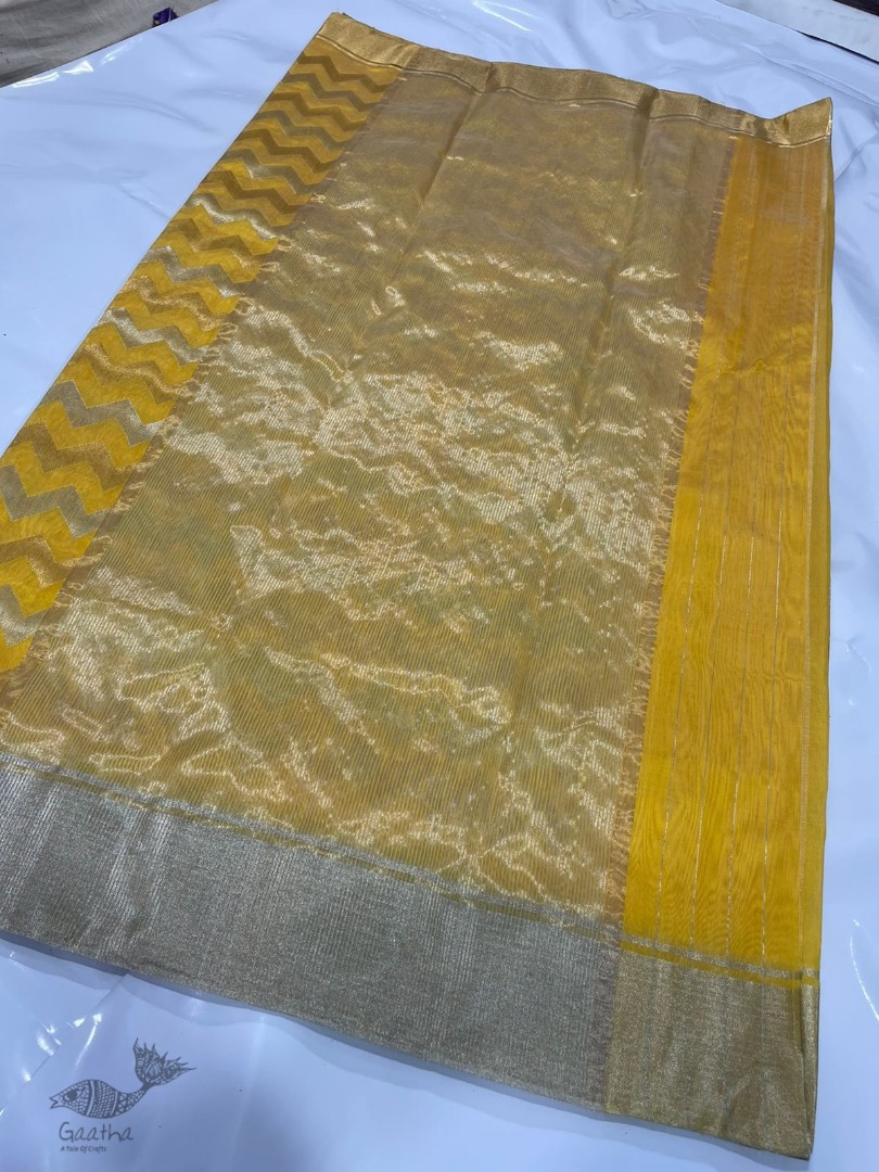 online Handwoven Chanderi Silk Saree - Yellow Zari Zik Zak