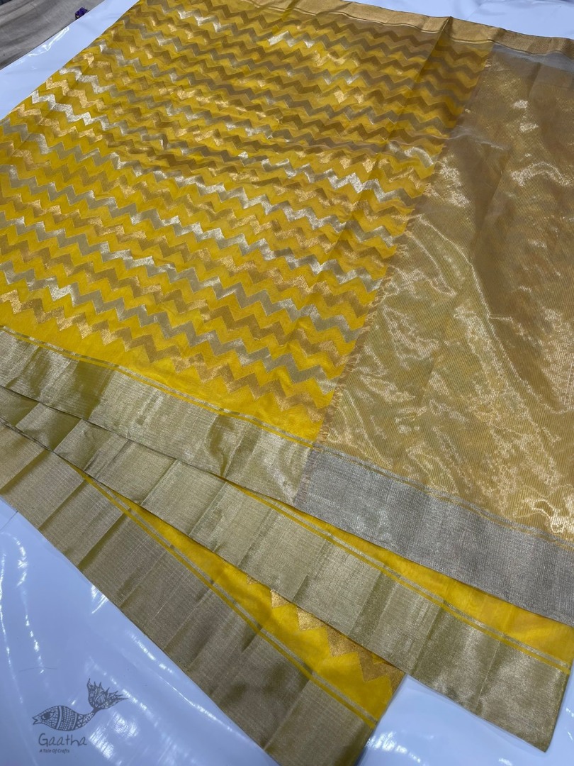 online Handwoven Chanderi Silk Saree - Yellow Zari Zik Zak