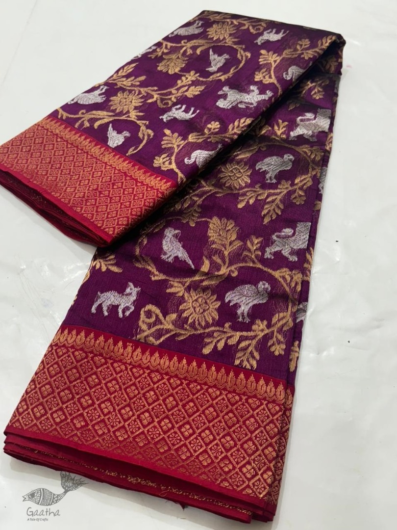 online Handwoven Chanderi Silk Saree - Deer & Lion Woven 