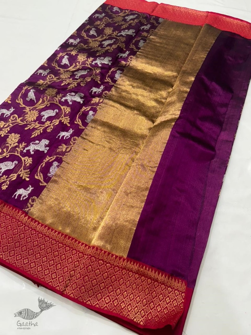 online Handwoven Chanderi Silk Saree - Deer & Lion Woven 