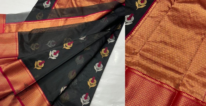 online Handwoven Chanderi Silk Black Saree With Red Border