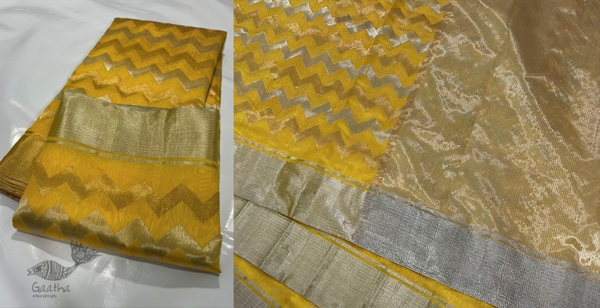 online Handwoven Chanderi Silk Saree - Yellow Zari Zik Zak