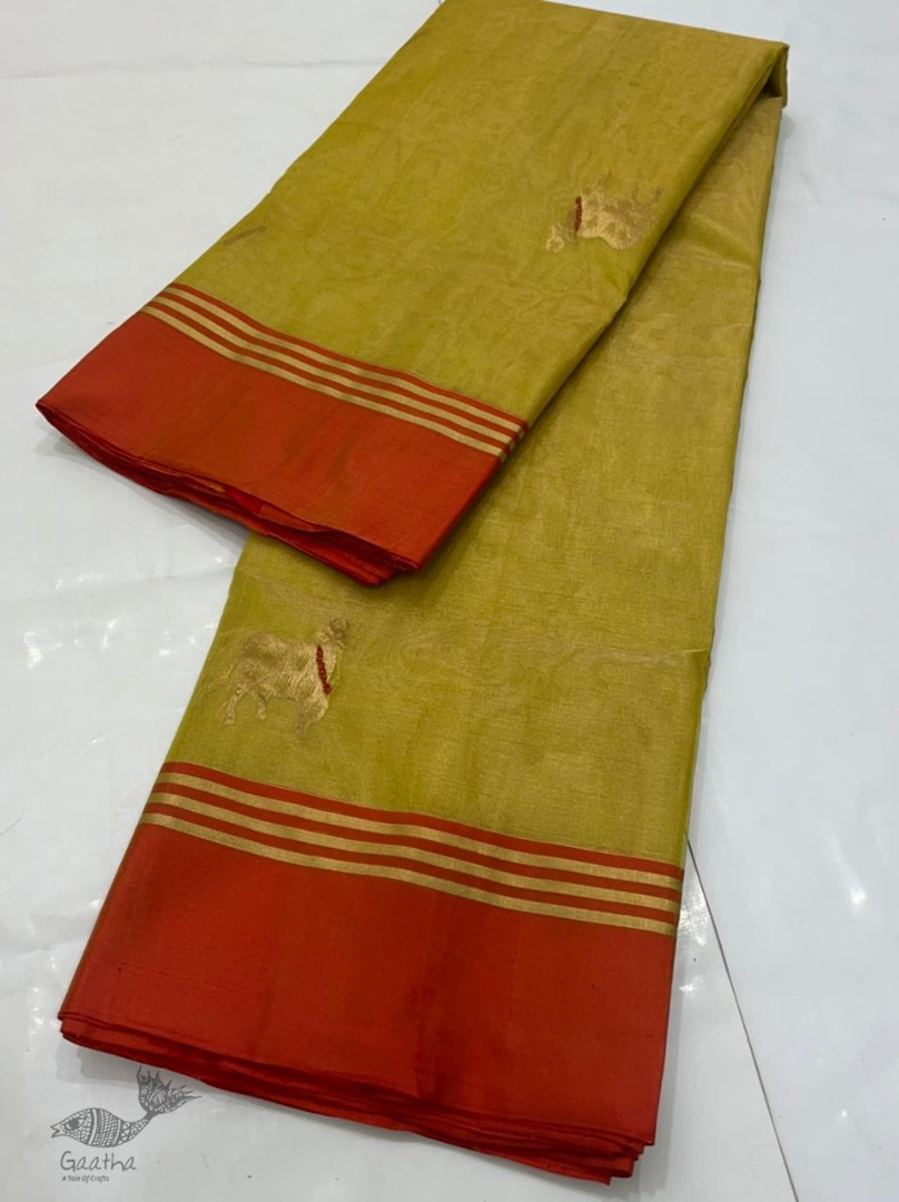 online Handwoven Silk - Chanderi Saree With Nandi Motif