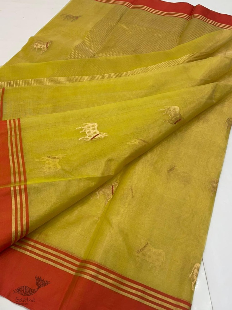 online Handwoven Silk - Chanderi Saree With Nandi Motif