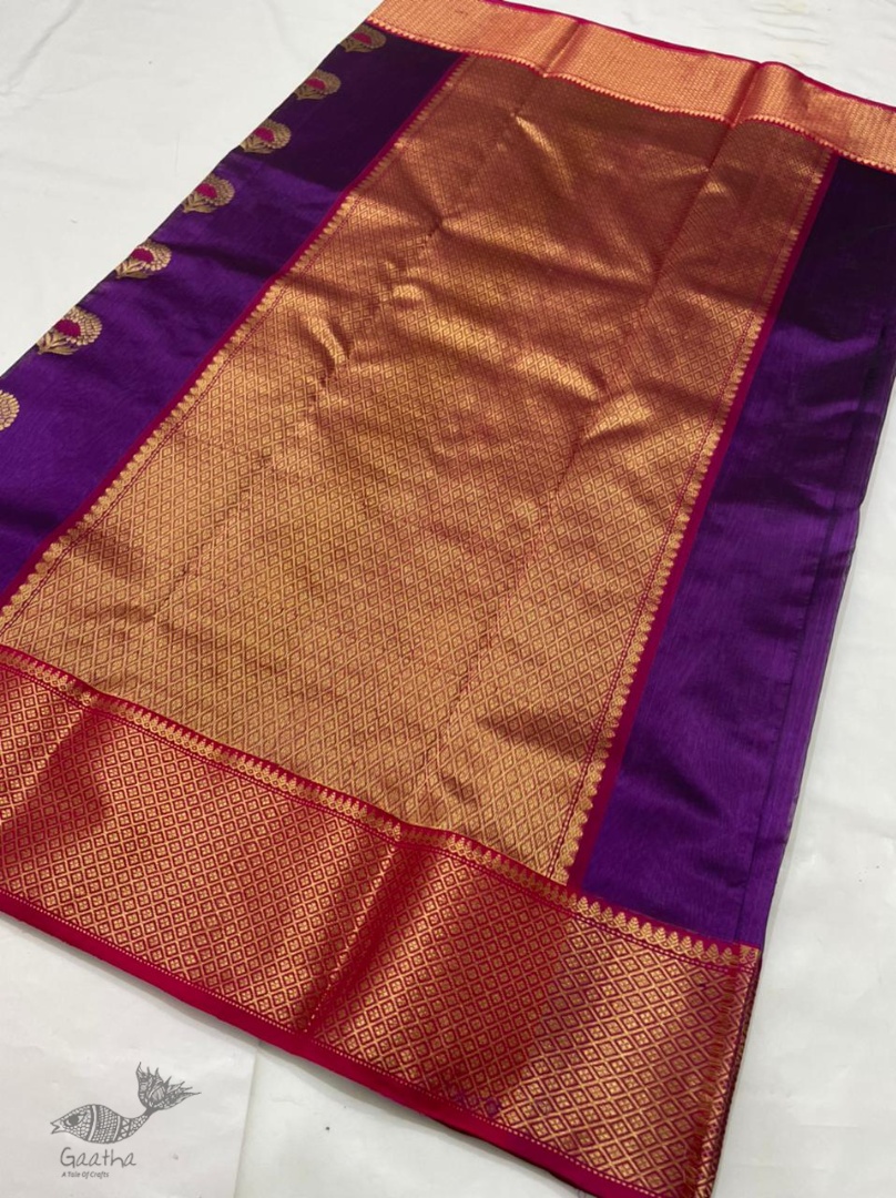 online Handwoven Silk - Chanderi Saree With Golden Broad Border