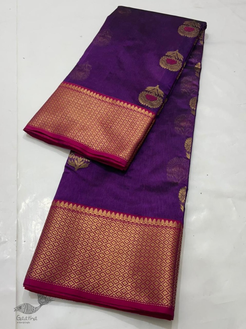 online Handwoven Silk - Chanderi Saree With Golden Broad Border