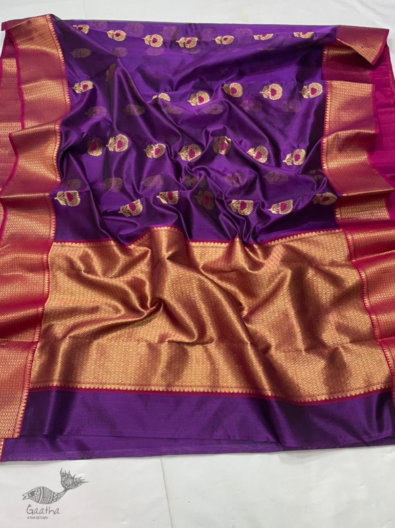 online Handwoven Silk - Chanderi Saree With Golden Broad Border