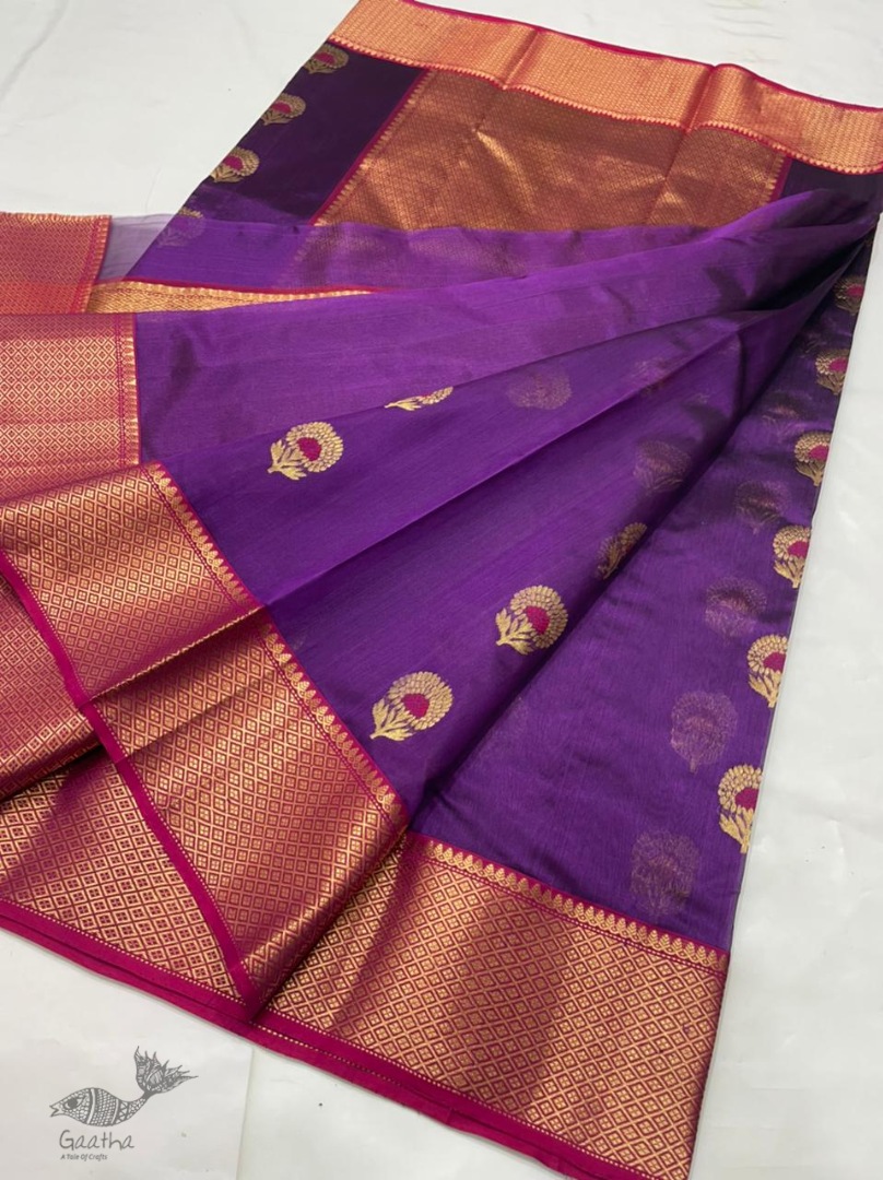 online Handwoven Silk - Chanderi Saree With Golden Broad Border