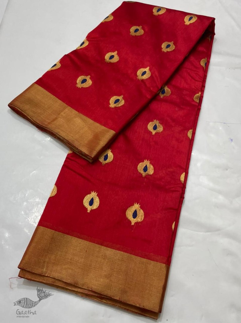 online Handwoven Silk - Chanderi Saree With Golden Butta & Border