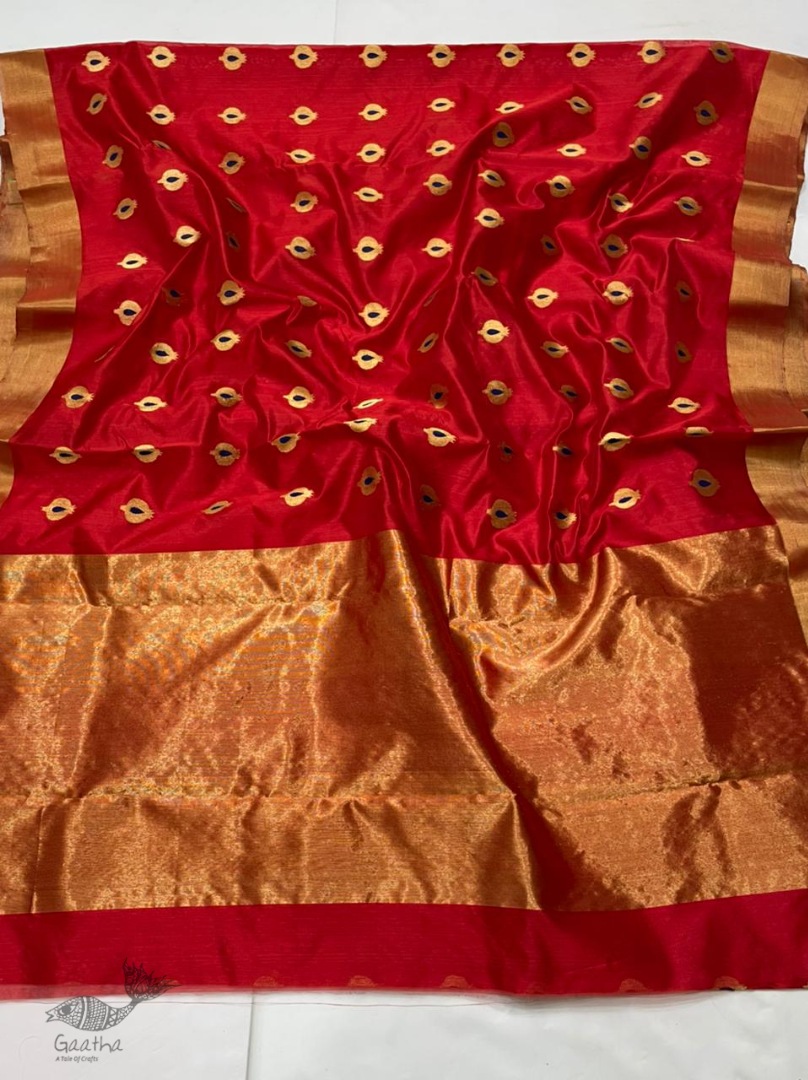 online Handwoven Silk - Chanderi Saree With Golden Butta & Border