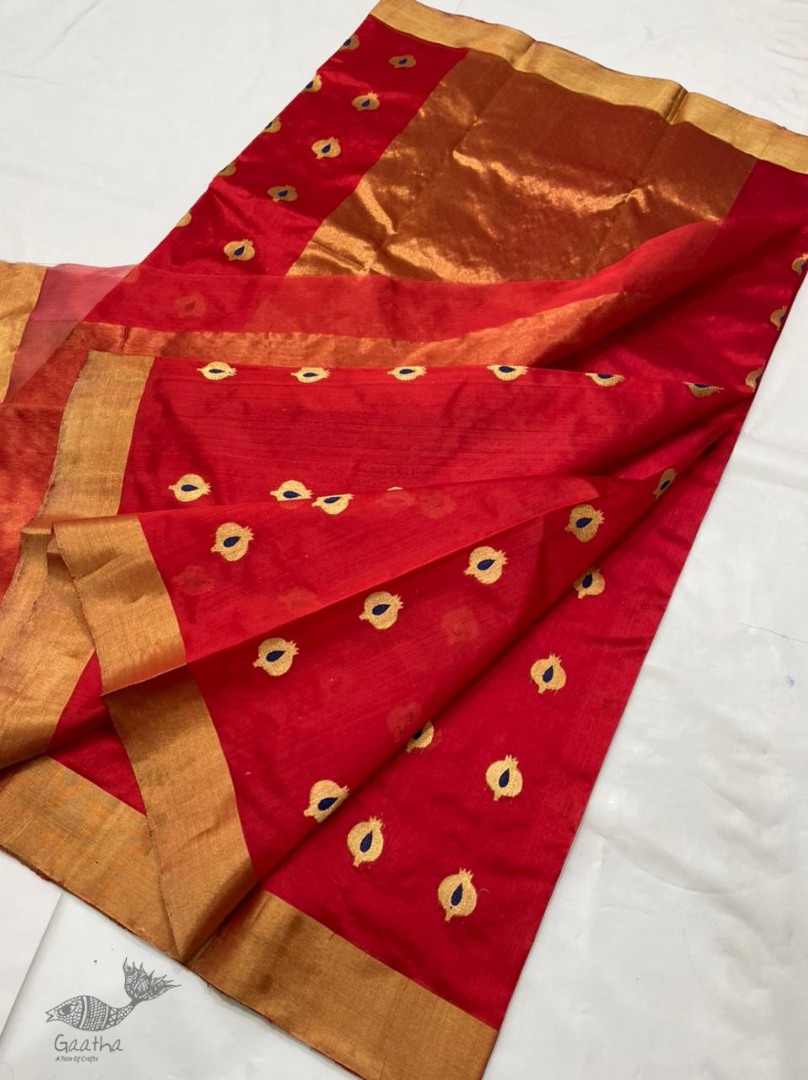 online Handwoven Silk - Chanderi Saree With Golden Butta & Border