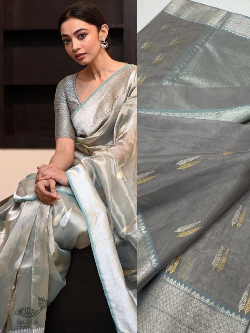online Handwoven Silk - Chanderi Silver & Golden Butta Saree