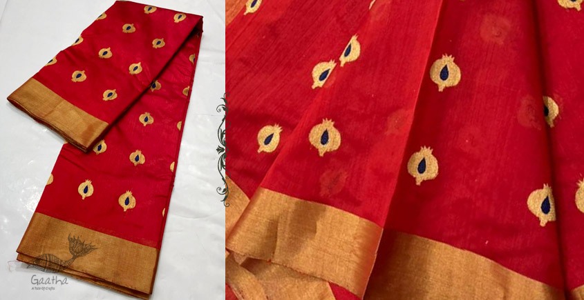 online Handwoven Silk - Chanderi Saree With Golden Butta & Border