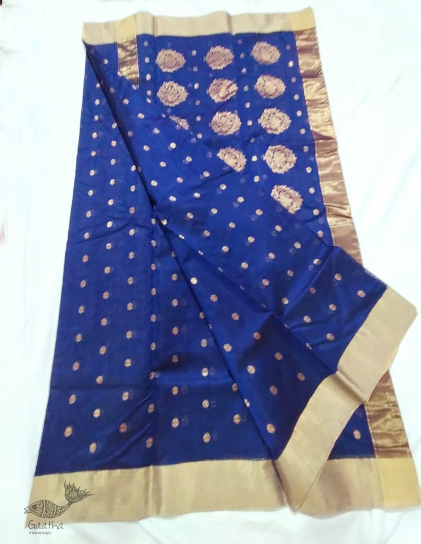 online Chanderi Silk saree - Blue Chanderi Saree With Golden Butta