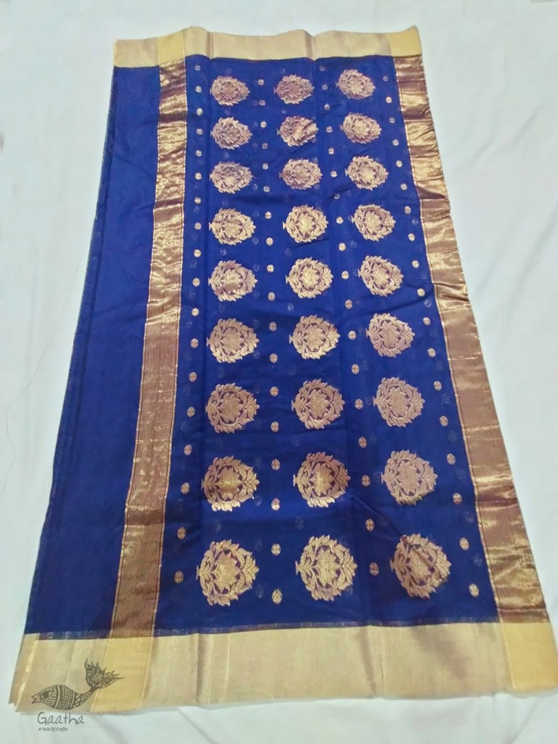 online Chanderi Silk saree - Blue Chanderi Saree With Golden Butta