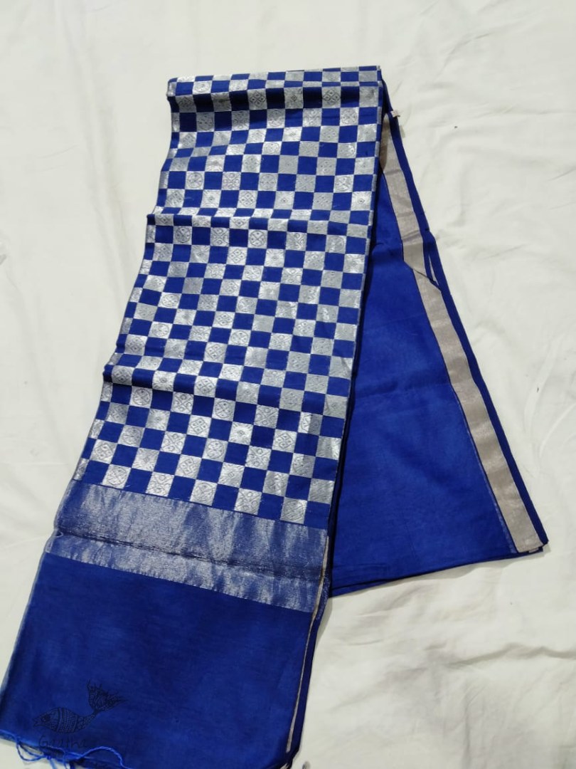 online Chanderi Silk Handwoven Saree - Blue Silver Checks Pallu