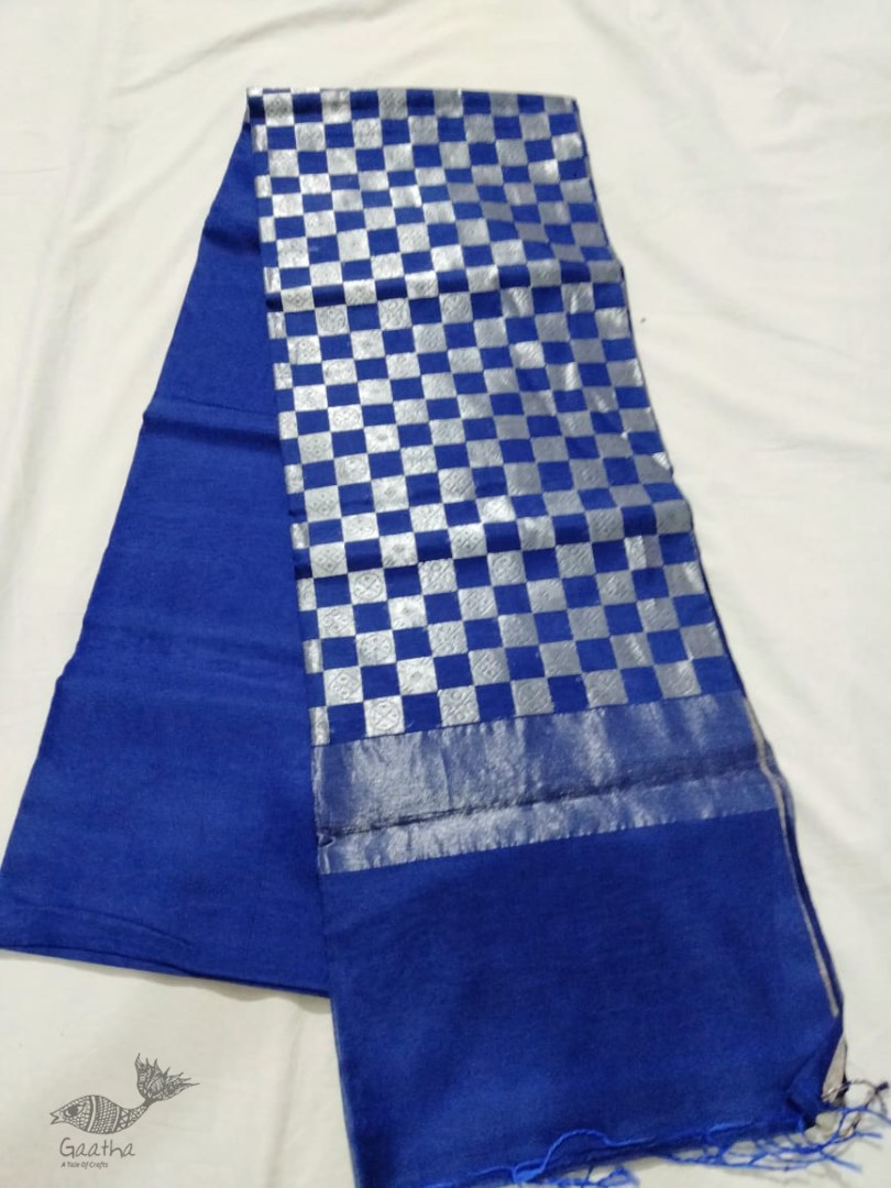 online Chanderi Silk Handwoven Saree - Blue Silver Checks Pallu