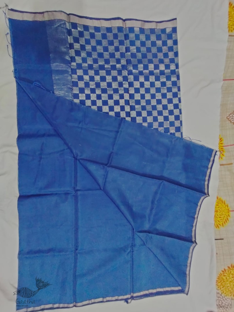 online Chanderi Silk Handwoven Saree - Blue Silver Checks Pallu