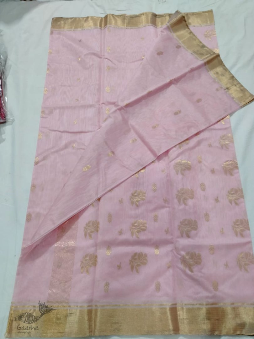 online Chanderi Silk Handwoven Saree - Light Pink with Golden Butta