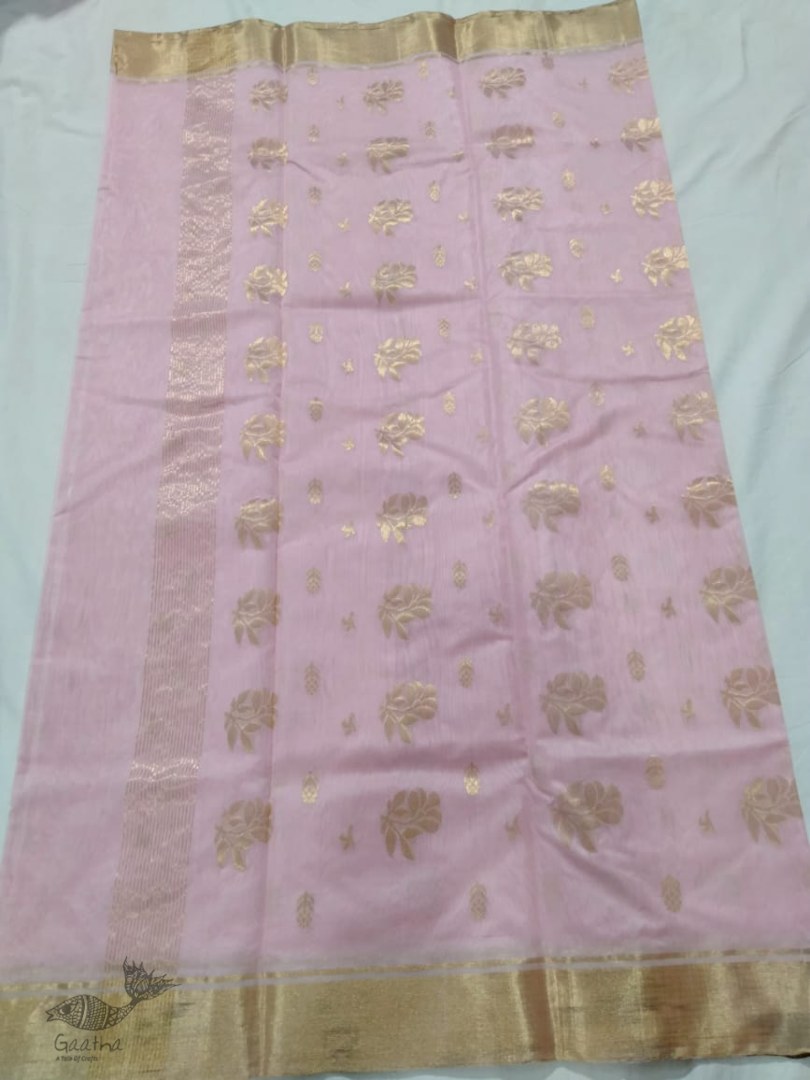 online Chanderi Silk Handwoven Saree - Light Pink with Golden Butta