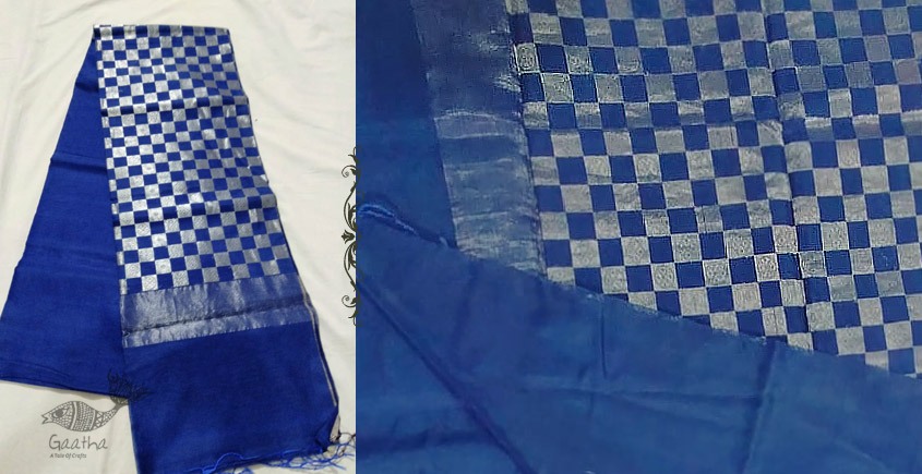 online Chanderi Silk Handwoven Saree - Blue Silver Checks Pallu