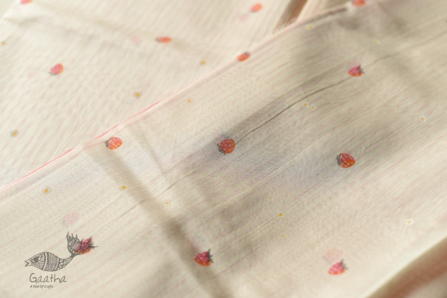 Handwoven Printed Chanderi Saree - Strawberry Motif