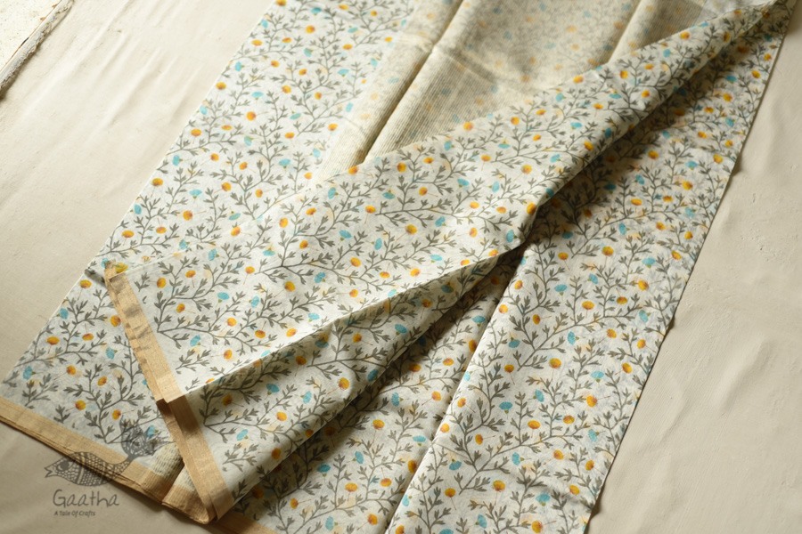 Handwoven Printed Chanderi White Based Saree - Flowers Printed