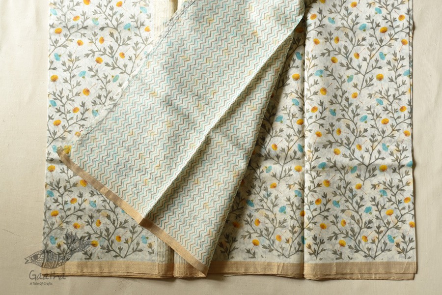 Handwoven Printed Chanderi White Based Saree - Flowers Printed