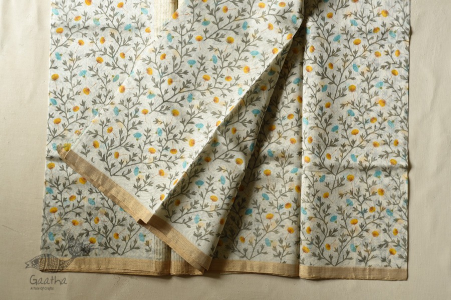 Handwoven Printed Chanderi White Based Saree - Flowers Printed