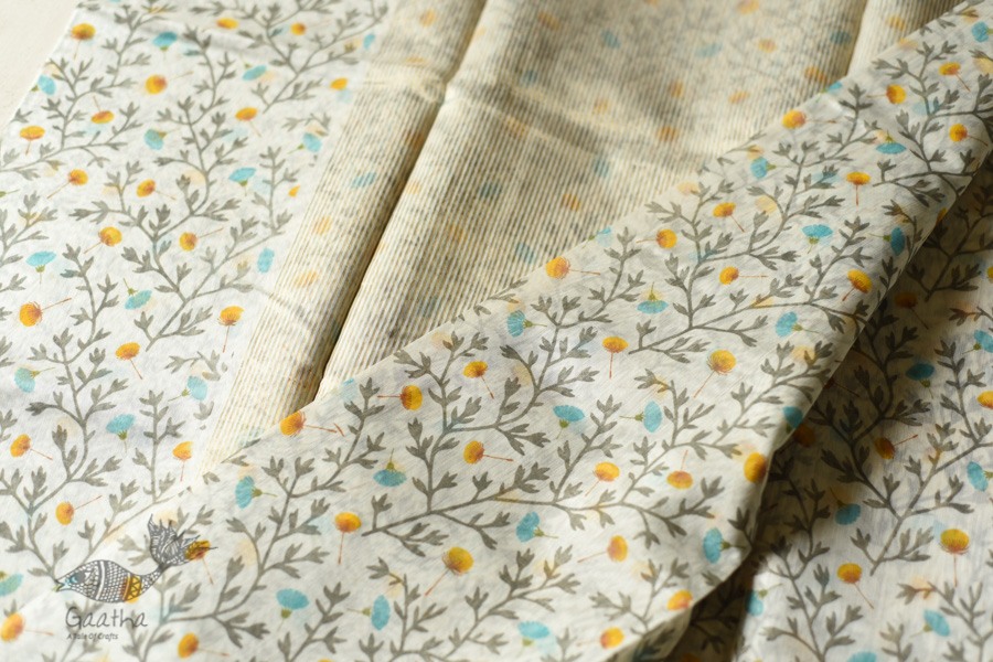 Handwoven Printed Chanderi White Based Saree - Flowers Printed